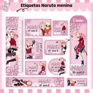 Coleção de etiquetas escolares personalizadas com ilustrações de personagens de desenho animado.