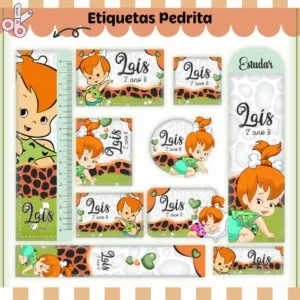 Coleção de etiquetas escolares personalizadas com ilustrações infantis e estampa de pele animal.