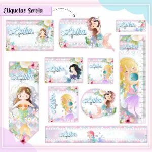 Conjunto de etiquetas escolares digitais com ilustrações de sereias e flores.