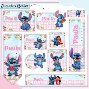 Conjunto de etiquetas escolares coloridas com tema de personagem azul e flores.