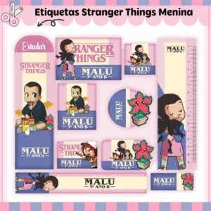 Conjunto de etiquetas escolares personalizadas com ilustrações de personagens estilo desenho animado.