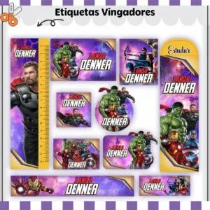 Arquivo Digital Etiquetas Escolares Vingadores V2 40 Conjunto de etiquetas adesivas personalizadas com imagens de super-heróis em estilo de arte digital.