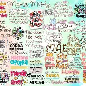 Coleção colorida de artes digitais com frases em português sobre o dia das mães.