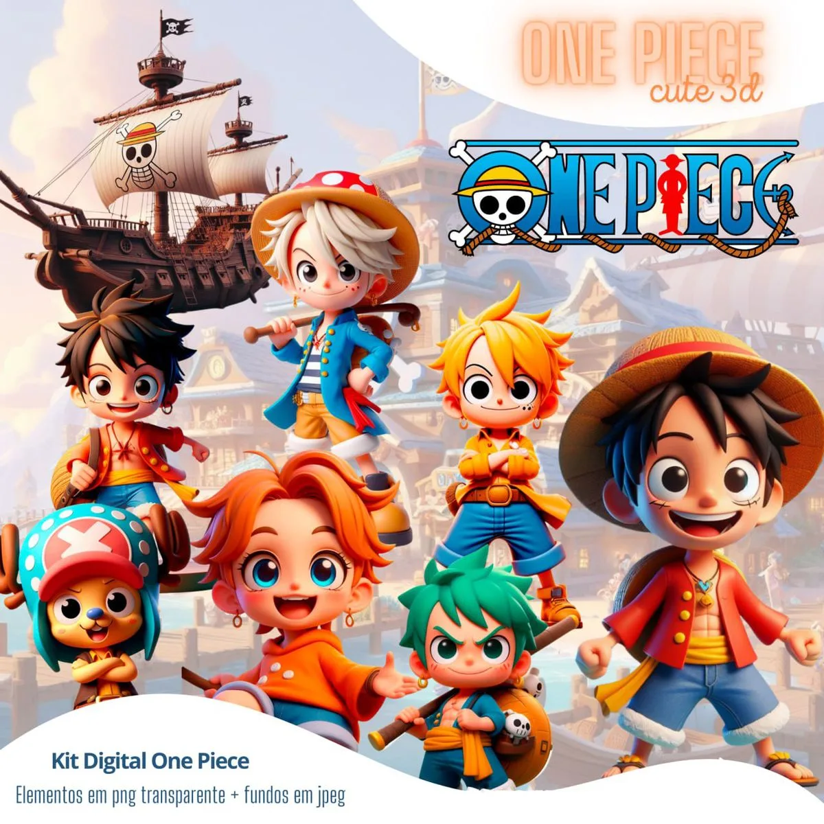 Ilustração digital em 3D de personagens estilo chibi com um navio pirata ao fundo.