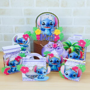 Arte digital para decorações de festa com personagem azul e tema tropical.