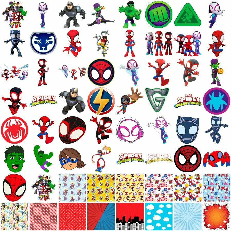Diversos adesivos coloridos com personagens de super-heróis infantis em fundo branco.