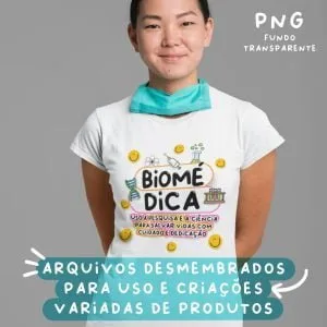 Mulher jovem vestindo camiseta branca com ilustração temática de biomedicina e textos explicativos.
