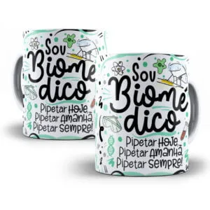Duas canecas estampadas com ilustrações científicas e frases sobre a área de biomedicina.