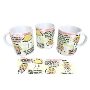 Arte Caneca Bola Aê Brisa Aê Que Hoje a Noite É de Prazer 22 Tres canecas brancas com estampas coloridas contendo ilustracoes e textos humoristicos.