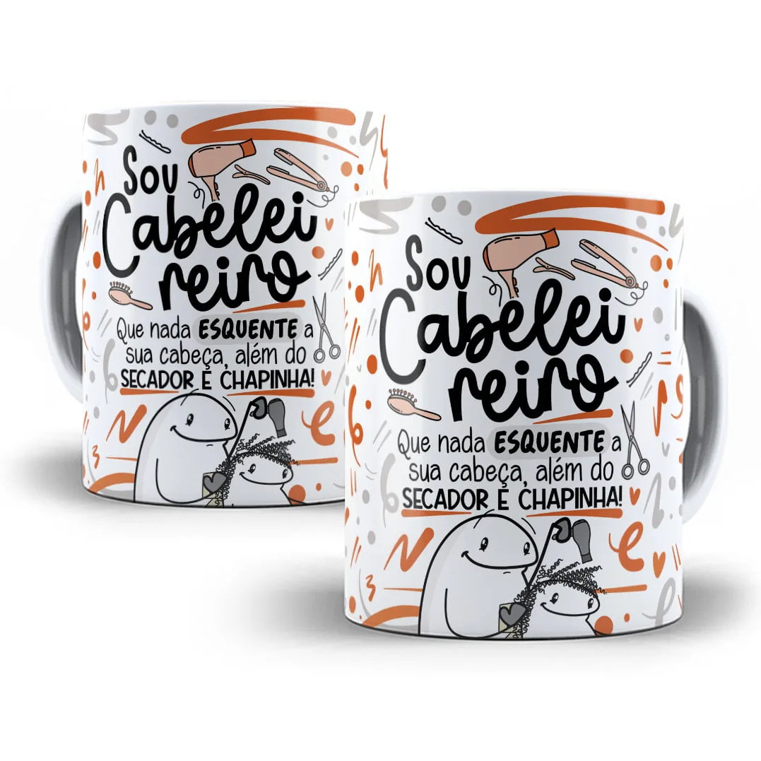 Duas canecas brancas com estampas de cabeleireiro e ilustrações de desenhos animados simples.
