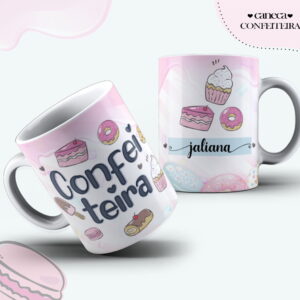 Duas canecas brancas com estampas de doces e bolo em tons rosa.