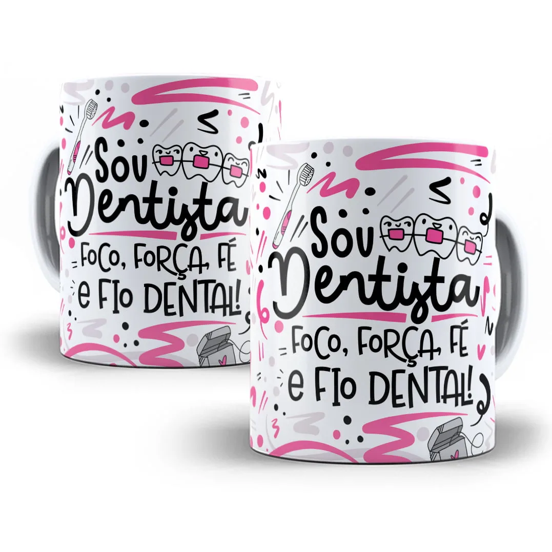 Duas canecas brancas com estampa de dentes, escova e texto sobre odontologia profissional.