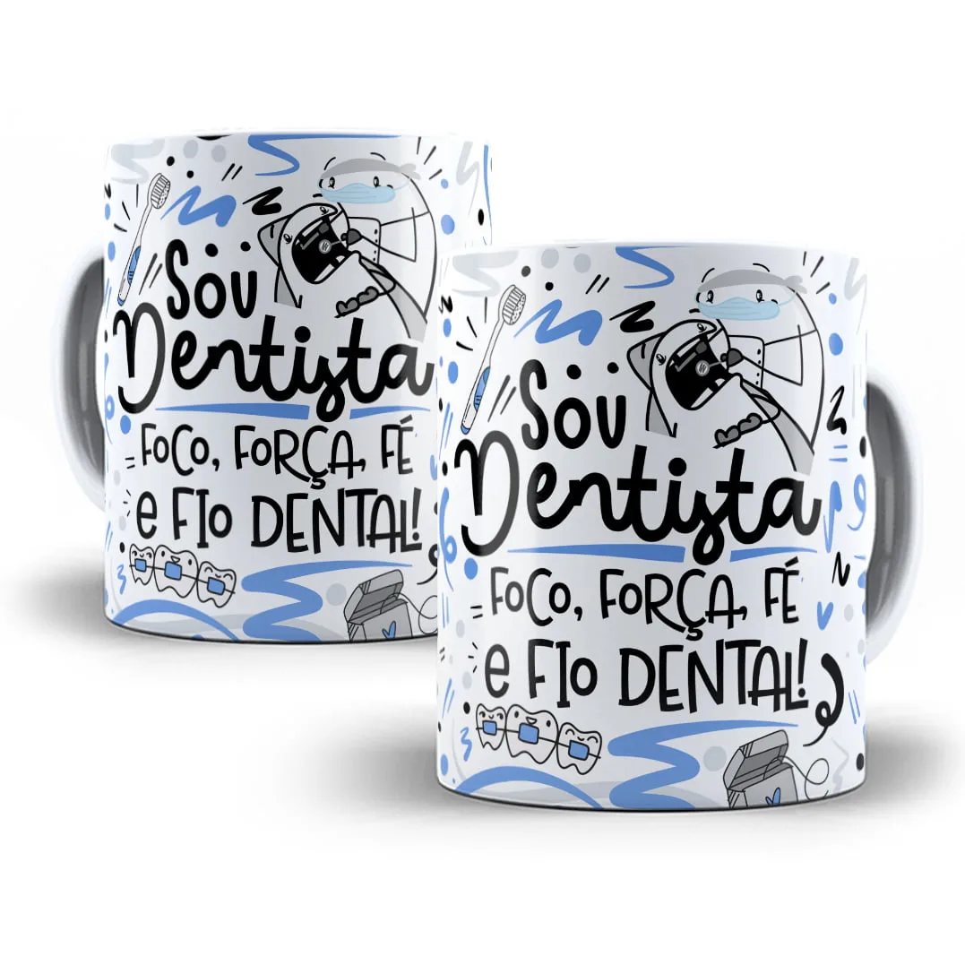Canecas brancas com ilustrações temáticas de dentista e frases em tipografia preta.