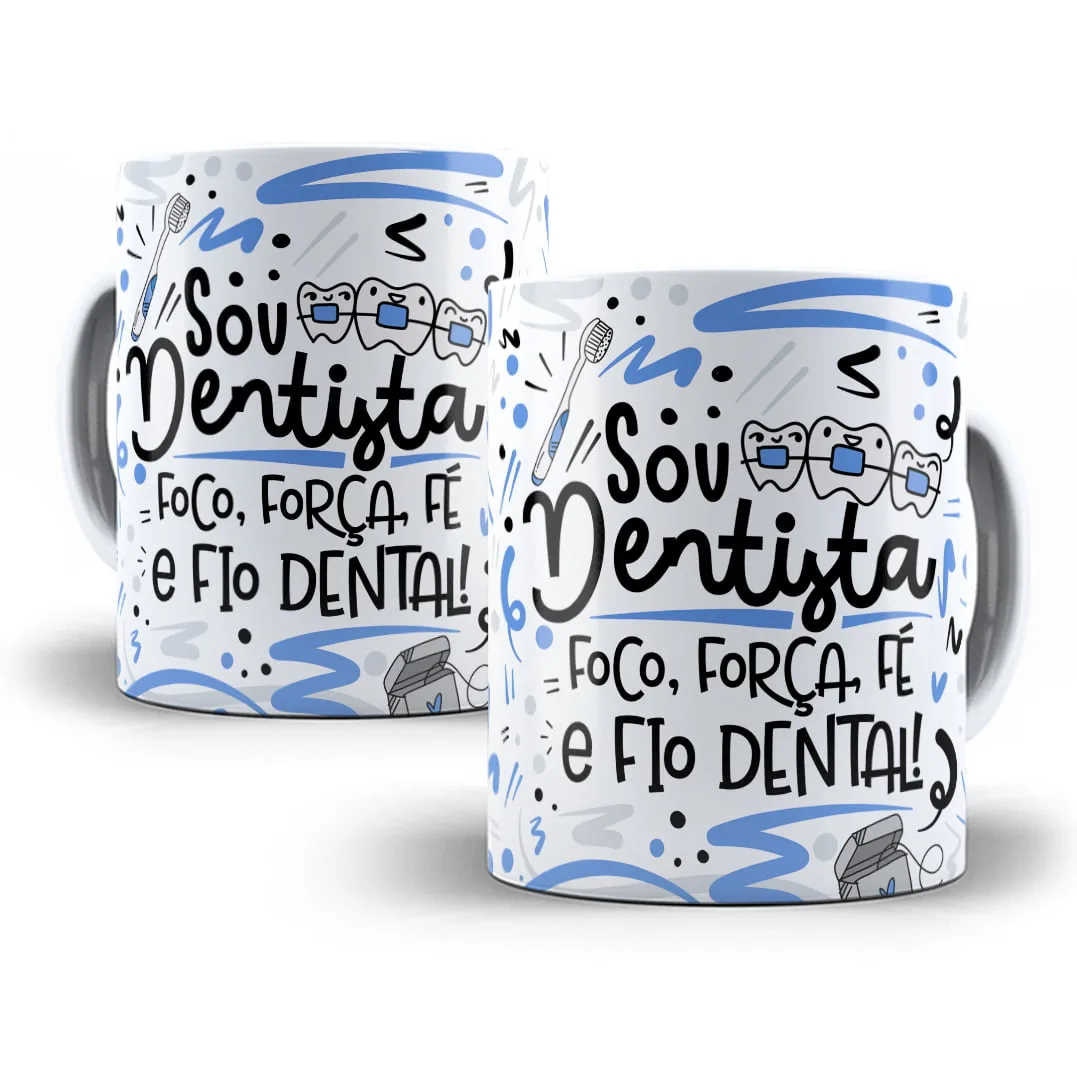 Duas canecas brancas estampadas com ilustrações azuis de dentes, escovas e textos temáticos.