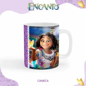 Caneca branca estampada com uma personagem feminina sorridente usando óculos coloridos.