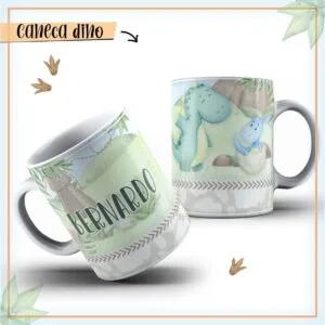 Arte Caneca Dino - Arquivo Digital 16 Duas canecas estampadas com desenhos infantis de dinossauros em tons de verde e azul.