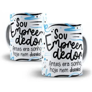 Duas canecas brancas com frases motivacionais em preto e detalhes abstratos azuis.