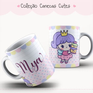 Duas canecas estampadas com personagem estilo chibi e nome escrito em rosa.