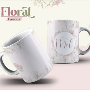 Duas canecas brancas com estampa de flores delicadas em tons suaves sobre fundo claro.