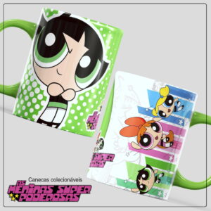 Arte Caneca Meninas Super Poderosas PNG para Sublimação 14 Duas canecas digitais com arte de As Meninas Superpoderosas, uma verde e outra branca.