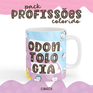 Caneca branca estampada com tema de odontologia e elementos ilustrados de dentes.