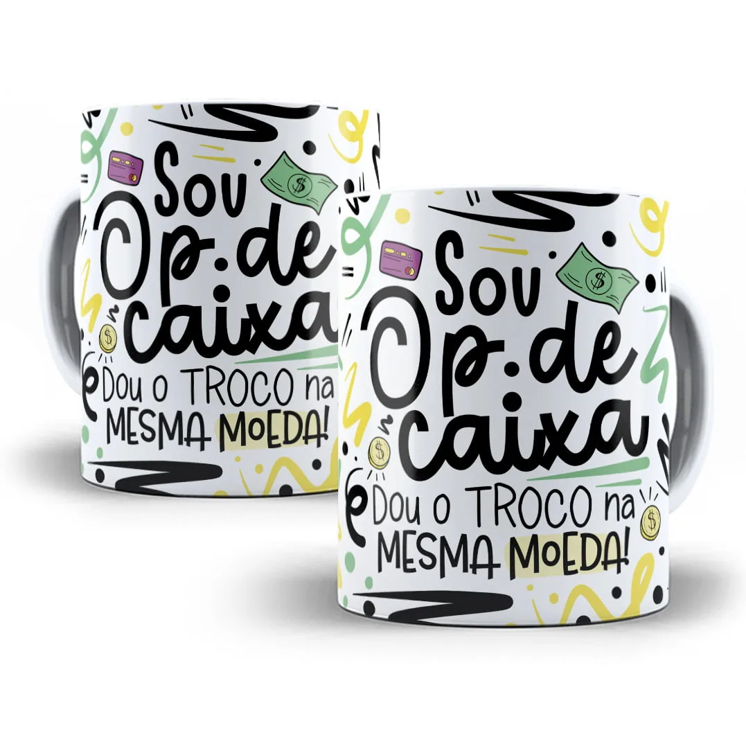 Duas canecas brancas com estampa de textos e desenhos relacionados a operadora de caixa.