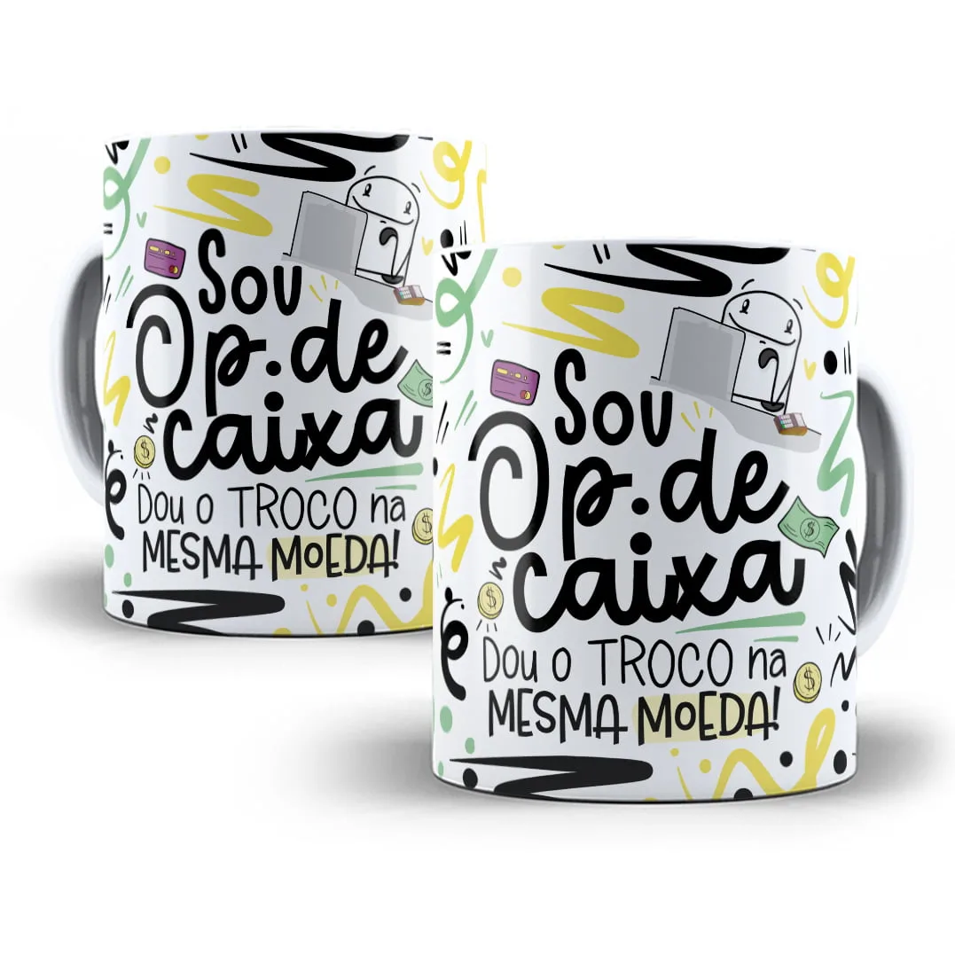 Duas canecas brancas com estampa colorida de um operador de caixa computadorizado.