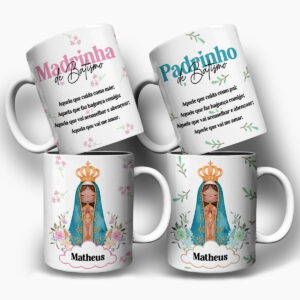 Quatro canecas brancas com estampas religiosas e textos em português sobre fundo branco.