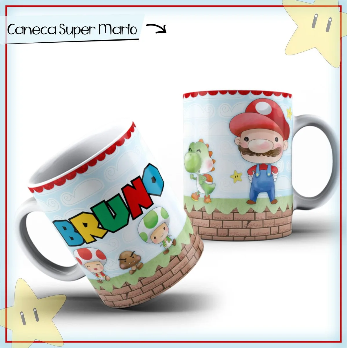 Arte Caneca Super Mario Cute - Arquivo Digital 1 Duas canecas estampadas com personagens de jogos e elementos de cenário em aquarela