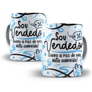 Arte Caneca Vendedor(a) Flork Frase Profissão Em Png 4 Duas canecas brancas com estampa de textos e desenhos em tons de azul