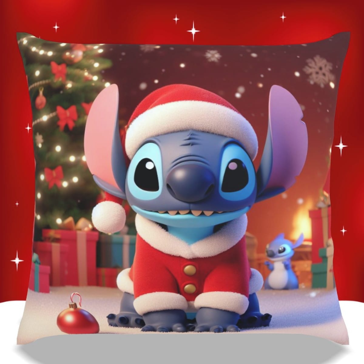 Arte de Sublimação Almofada Stitch Natal em PNG 2 Criatura azul vestida de papai noel em cenário natalino com árvore e presentes.