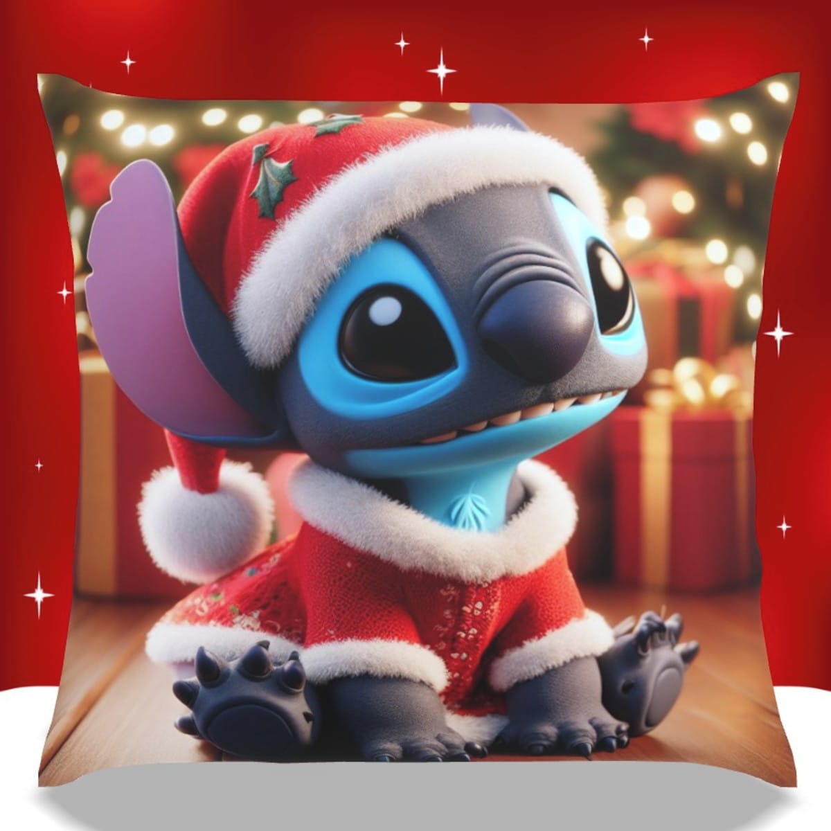 Arte de Sublimação Almofada Stitch Natal em PNG 3 Criatura azul de orelhas grandes vestindo roupa de natal em frente a presentes.