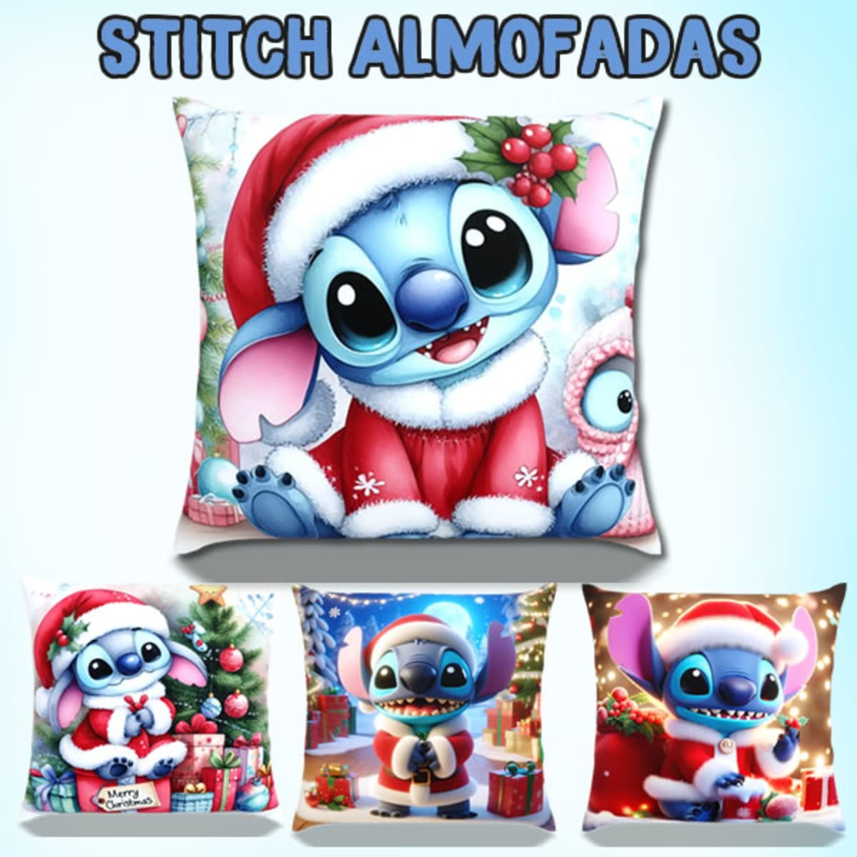 Arte de Sublimação Almofada Stitch Natal em PNG 1 Quatro almofadas quadradas estampadas com desenhos de alienígena azul vestido de Papai Noel.