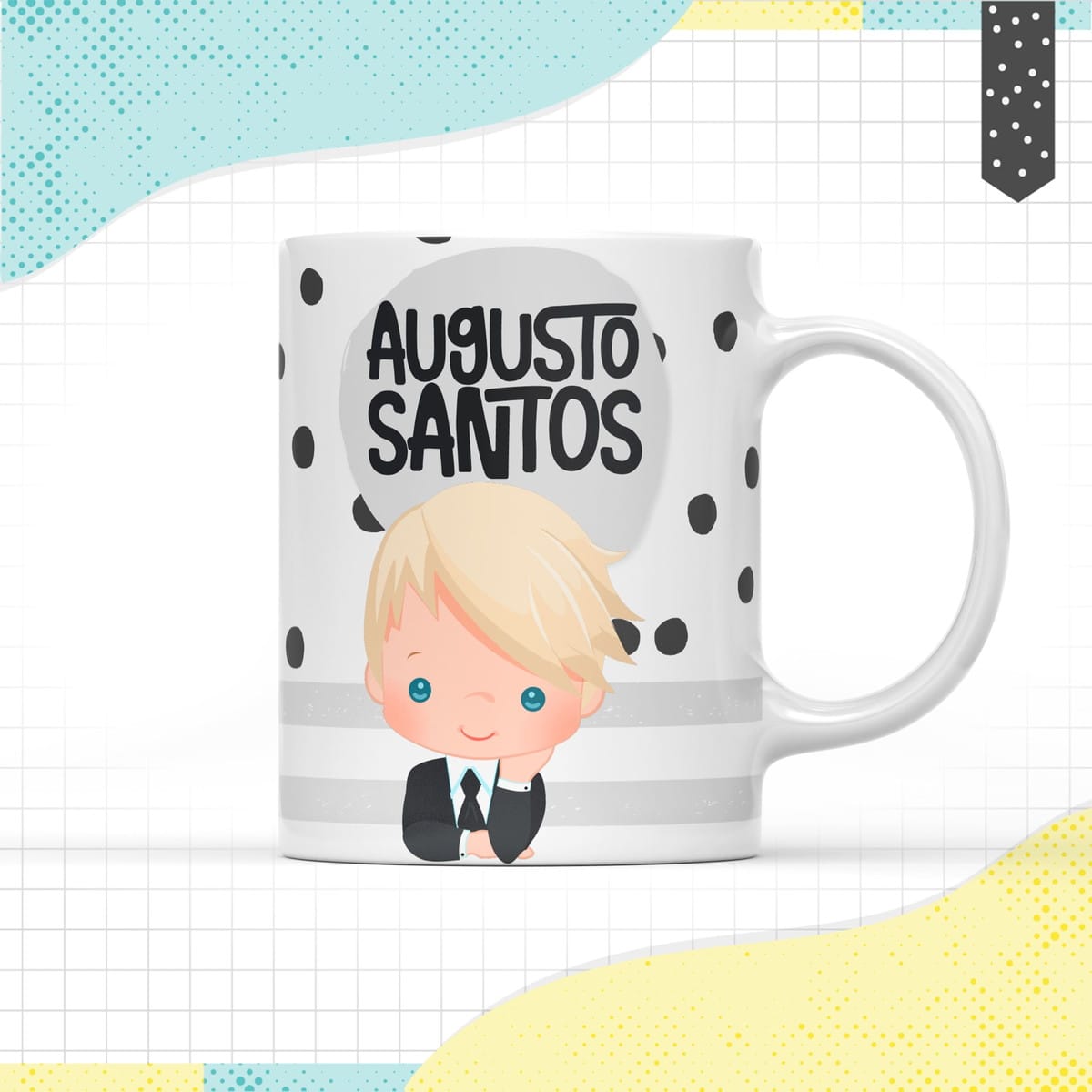 Arte de Sublimação Menino Loiro para Caneca Personalizada 1 Arte digital para caneca com menino loiro de terno e bolinhas pretas.