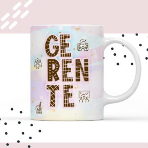 Arte digital de caneca com a palavra 'GERENTE', fundo pastel e ícones de negócios.