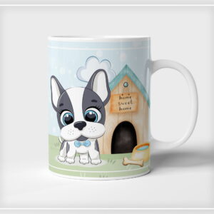 Caneca branca estampada com desenho de cachorro fofo e casinha ao fundo.