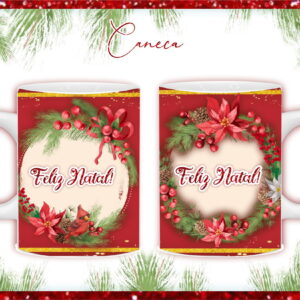 Duas canecas brancas com estampa de Natal, fundo vermelho, pinheiro e flores vermelhas.