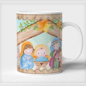 Caneca branca estampada com ilustração em aquarela de cena de presépio infantil.
