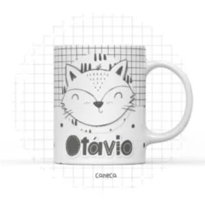 Arte Digital Caneca Raposo Escandinavo - Arquivo Digital 36 Caneca branca estampada com desenho de gato e nome escrito em preto.