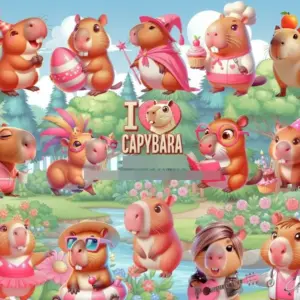 Arte Digital de Capivara Rosa PNG para Papelaria Personalizada