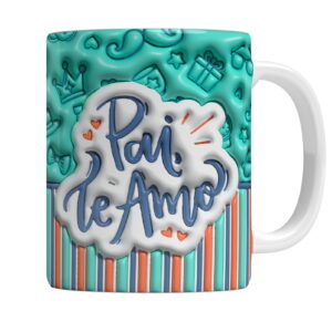 Caneca branca com estampa temática azul e laranja com escrita em relevo 3D