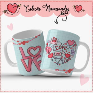 Duas canecas brancas com estampas românticas em tons de azul e rosa