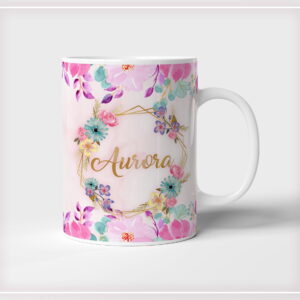arte sublimacao caneca floral rosa com nome personalizavel