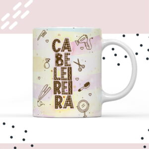 Design de caneca com a palavra CABELEREIRA e ilustrações de ferramentas de salão.