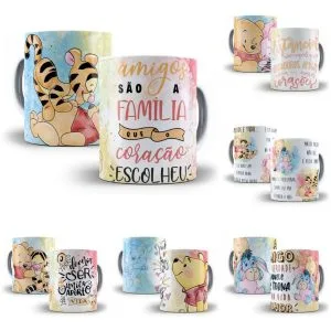 Conjunto de canecas estampadas com desenhos de personagens infantis e frases em português.