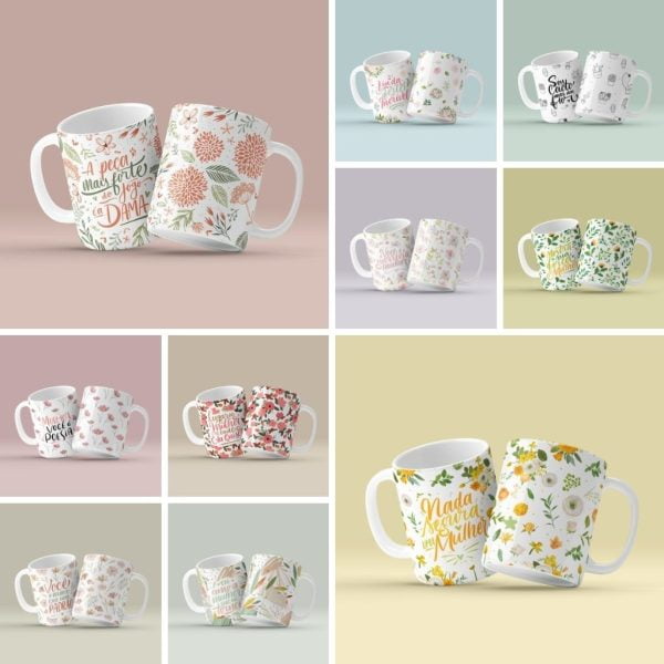Artes Caneca Dia Das Mulheres Floral + Capa A5 + Frases Png