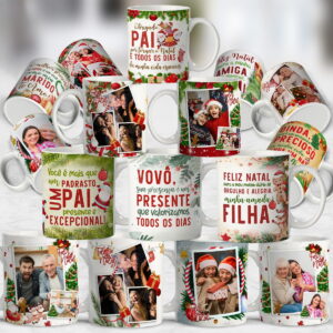 Designs de canecas natalinas personalizadas com fotos de pessoas e mensagens festivas.