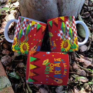 Estampa digital de Festa Junina com girassóis, balões e bandeirinhas.