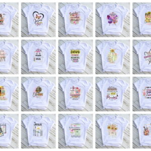 Vinte artes digitais para camisetas, com designs inspiradores e elementos florais coloridos.