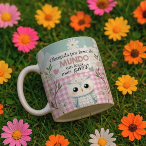 Caneca branca com estampa de coruja e frase "Mundo mais gentil", sobre grama com flores.
